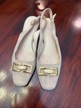 Donald J. Pliner Beige Slingback Mules with Gold Buckle